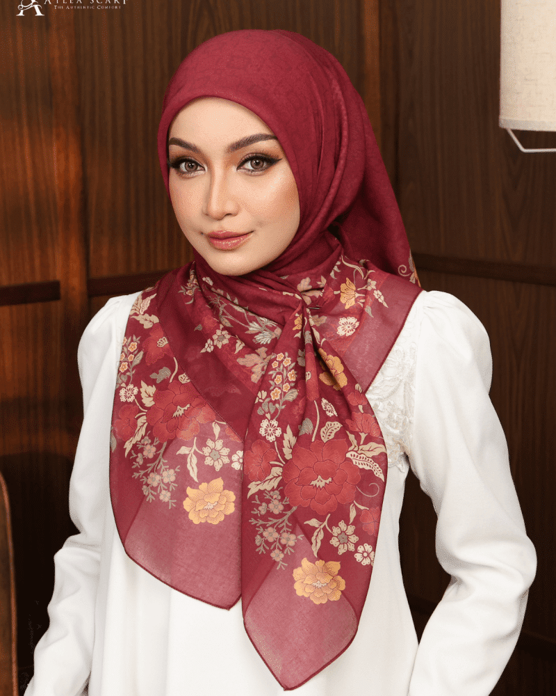 Seraya Edition Garnet Rose tudung bawal cotton voile premium bidang 45 batik moden maroon Atlea